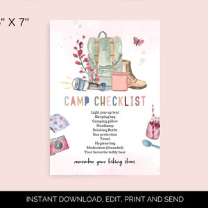 May include: A printable checklist for camping with a watercolor illustration of a backpack, flashlight, mug, and jar. The checklist includes items like a pop-up tent, sleeping bag, headlamp, drinking bottle, and sun protection. The text "CAMP CHECKLIST" is in colorful letters.