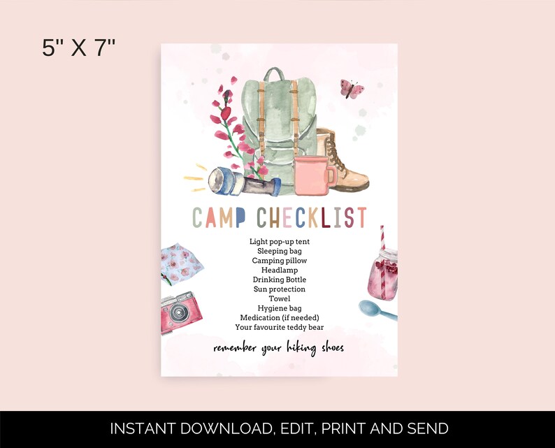 May include: A printable checklist for camping with a watercolor illustration of a backpack, flashlight, mug, and jar. The checklist includes items like a pop-up tent, sleeping bag, headlamp, drinking bottle, and sun protection. The text "CAMP CHECKLIST" is in colorful letters.