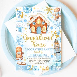 Editable Gingerbread House Birthday Invitation, Blue Christmas Birthday Invitation, Blue Christmas Cookies Invitation, Boy Birthday, CBC04