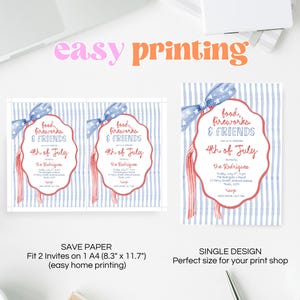 Peut inclure: Invitations pour une c&eacute;l&eacute;bration du 4 juillet. Le design pr&eacute;sente une bordure rouge et blanche avec des fonds &agrave; rayures bleues et blanches. Le texte dit "food, fireworks & friends". Les invitations sont d&eacute;cor&eacute;es d'un n&oelig;ud bleu avec des &eacute;toiles blanches et des glands rouges et blancs.