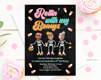 Halloween Girl Birthday Invitation Skeleton Roller Skating Ice Skating Party Retro Pink Orange Editable Spooky Invite Printable Download