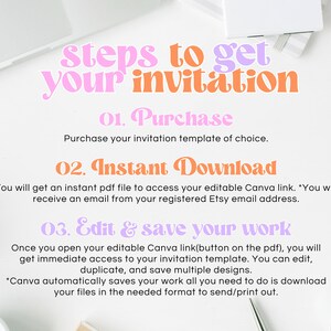 K&ouml;nnte beinhalten: Eine Grafik in Pink und Orange mit dem Text "Steps to get your invitation" und Anweisungen zum Kauf, Herunterladen und Bearbeiten einer Einladungsvorlage. Die Anweisungen beinhalten den Text "Purchase your invitation template of choice", "Instant Download" und "Edit & save your work".