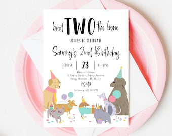 Editable Bad Two The Bone Birthday Party Invitation, Dog And Cats Birthday Invitation, Printable Animal Vet Birthday Invite