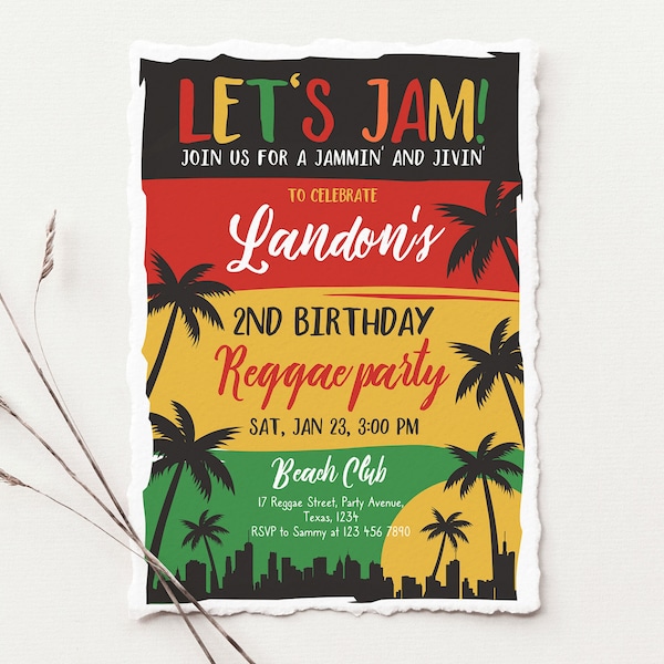 Editable Reggae Birthday Party Invitation, Reggae One Love 1st Birthday Party Invite, Jamaican Theme Birthday, Reggae Music Birthday Party