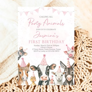 Editable Farm Girl Birthday Invitation, Pink Farm Birthday Party Invite, Calling All Party Animals, Pink Farm Animals Birthday Invite, GBP14