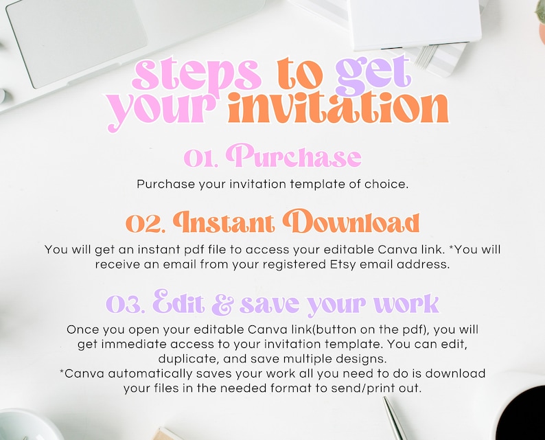 May include: A pink and orange graphic with the text "Steps to get your invitation" and instructions for purchasing, downloading, and editing an invitation template. The instructions include the text "Purchase your invitation template of choice", "Instant Download", and "Edit & save your work".