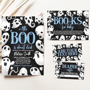 Editable Halloween Baby Shower Invitation Bundle, Blue Boy Halloween Baby Shower Invitation Set, Ghost Little Boo Baby Shower Invite, HBSC03