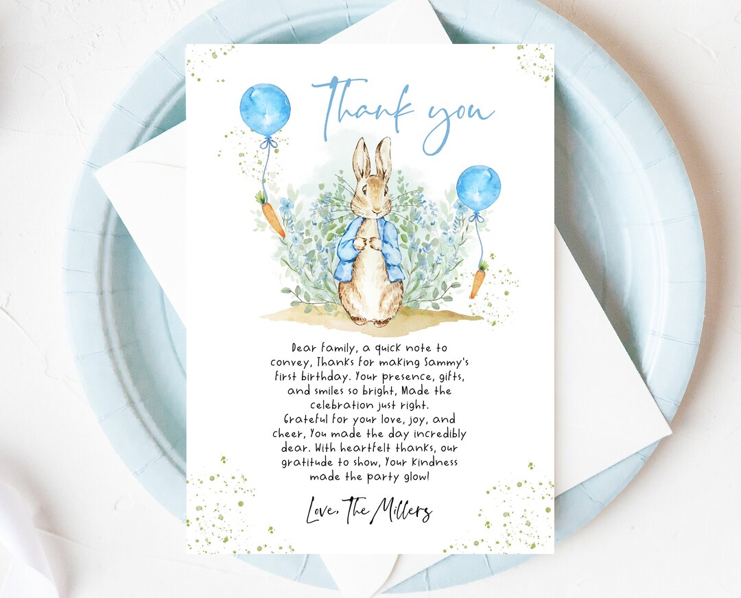 Editable Peter Rabbit Thank You Card, Bunny Thank You Cards, Boy ...
