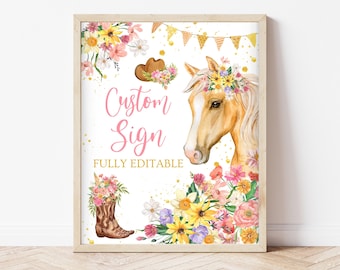 Editable Horse Birthday Custom Sign, Cowgirl Horse Fully Editable Sign, Blush Pink & Gold Floral Cowgirl Birthday, Girl Horse Party, KBP03