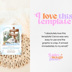 May include: A blue and brown printable invitation for a 10th birthday party with a camping theme. The invitation features a tent, trees, and a sign that says "For a Camp Out". The text "Jackson's 10th Birthday" is at the bottom of the invitation.