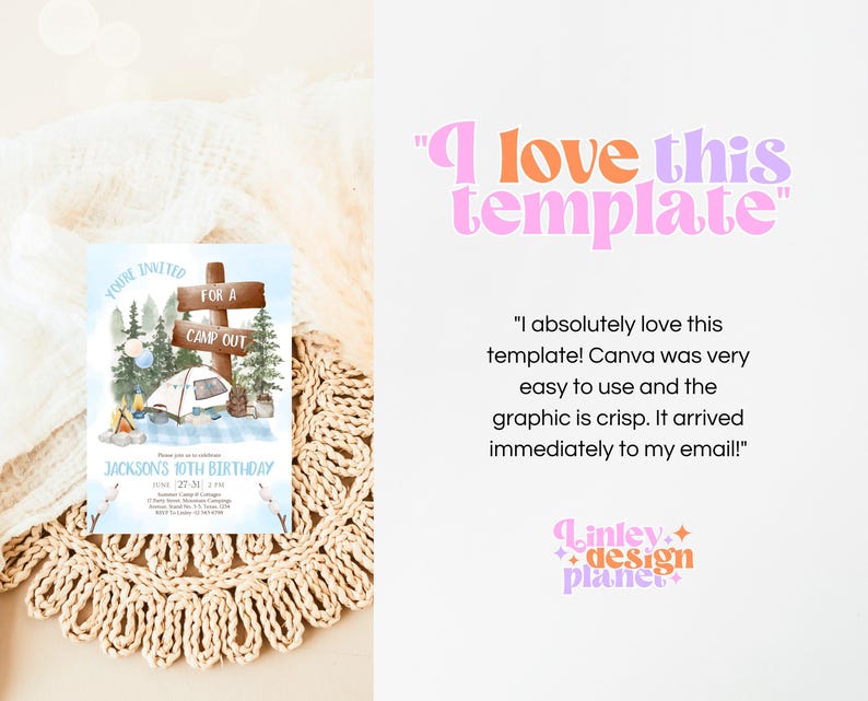 May include: A blue and brown printable invitation for a 10th birthday party with a camping theme. The invitation features a tent, trees, and a sign that says "For a Camp Out". The text "Jackson's 10th Birthday" is at the bottom of the invitation.