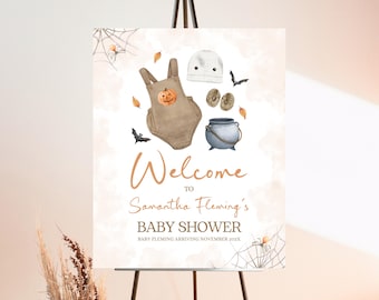 Editable Boho Halloween Baby Shower Welcome Sign A Little Boo Is Almost Due Neutral Pumpkin Ghost Cauldron Poster Digital Download HB03