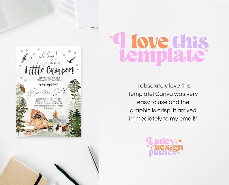 Editable Camping Baby Shower Invitation, Little Camper Baby Shower Invite, Camp Invitation, Woodland Little Camper Baby Shower Template image 8
