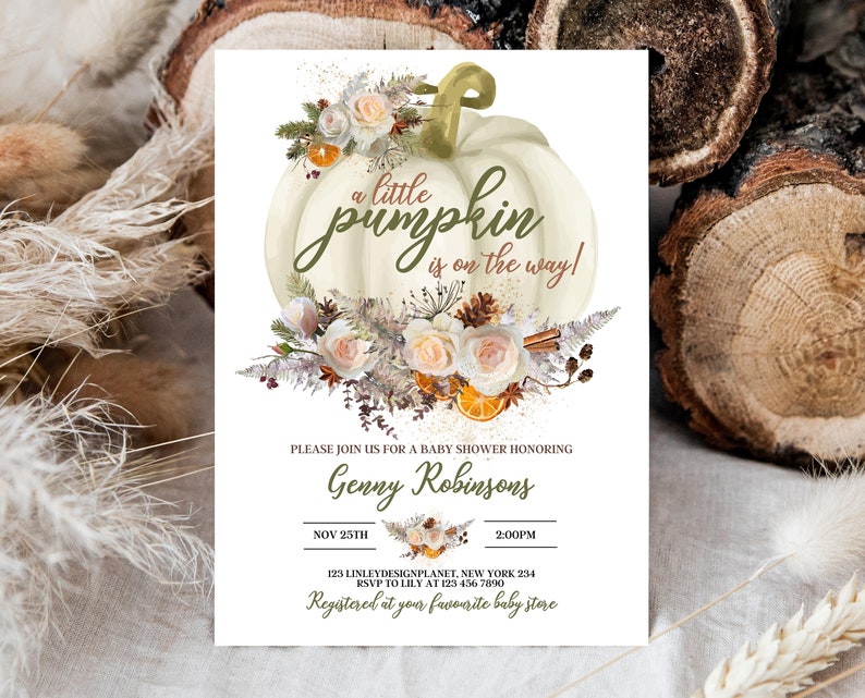 Fall Pumpkin Baby Shower Invitation Template, Little Pumpkin Baby Shower Invitation, Girl Fall Baby Shower Invite Template, Little Pumpkin 画像 2