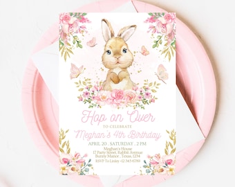 Editable Bunny Birthday Invitation, Pink Gold Some Bunny Birthday, Girl Floral Bunny Birthday, Spring Birthday Rabbit Birthday Invite, EPC09