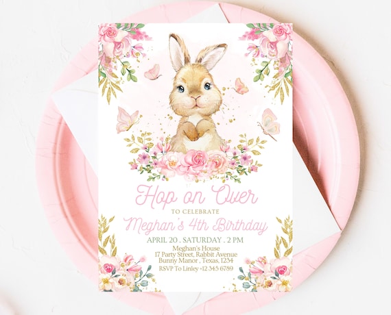 Editable Bunny Birthday Invitation, Pink Gold Some Bunny Birthday, Girl Floral Bunny Birthday, Spring Birthday Rabbit Birthday Invite, EPC09
