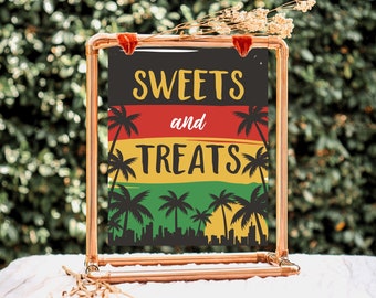 May include: A copper pipe frame sign with a black background and colorful palm trees. The sign reads "SWEETS and TREATS" in yellow letters.