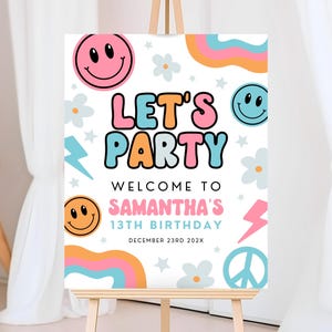 Panneau de bienvenue modifiable d&#39;anniversaire Smiley rétro, thème sourire BCBG, panneau d&#39;anniversaire smiley damier rose, panneau de bienvenue rétro smiley fille, 18 GBP