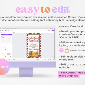 May include: A computer screen showing a Canva design template for a Christmas potpourri recipe. The template has a red and white striped background with a green border and a festive illustration of oranges, cinnamon sticks, and greenery. The text on the template reads "Stove Top Christmas Potpourri".