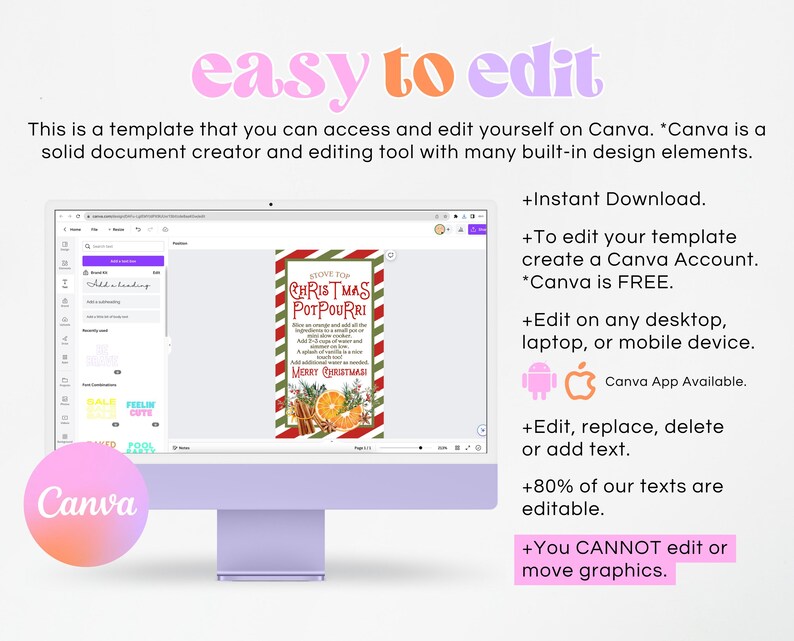 May include: A computer screen showing a Canva design template for a Christmas potpourri recipe. The template has a red and white striped background with a green border and a festive illustration of oranges, cinnamon sticks, and greenery. The text on the template reads "Stove Top Christmas Potpourri".