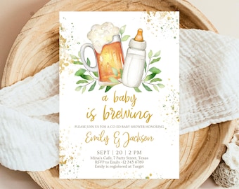 Greenery Baby Shower Invitation A Baby Is Brewing Coed Baby Shower Beer And Bottle Gold Gender Neutral Invite Editable Digital Download