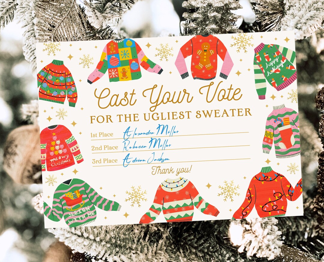Ugly Sweater Voting Ballots Card, Ugliest Sweater Vote Cards, Christmas ...