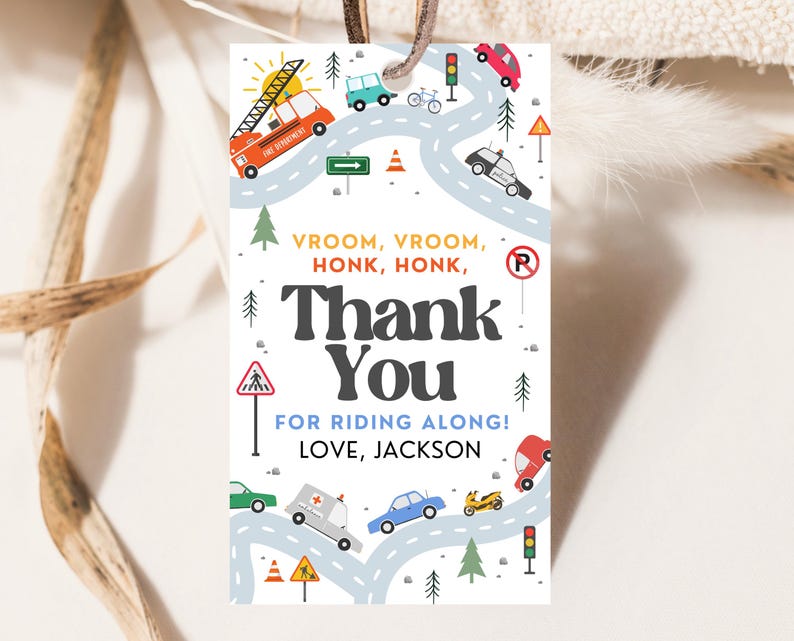 Transportation Birthday Thank You Tag: Editable Cars Party Favor ...