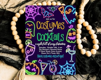 Editable Neon Halloween Costumes And Cocktails Invitation, Spooky Halloween Party Invite, Printable Neon Cocktail Halloween Invite, PHBP07