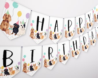 Op de afbeelding: Een witte banner met de woorden "Happy Birthday" in zwarte letters. Elke letter staat op een aparte vlag met een andere illustratie van honden die feestmutsen dragen en omringd zijn door confetti en ballonnen.