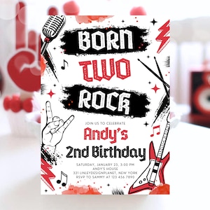編集可能なBorn Two Rockの2歳の誕生日パーティー招待状、Boy Rock And Rollパーティー招待状、パンクロックの誕生日招待状、Red Rockの招待状