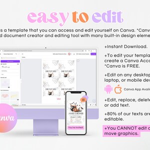 May include: A digital mockup showing how to edit a Halloween baby shower invitation template on Canva. The template features a black and white illustration of a witch and a spider web. The text on the invitation reads "A Baby is Brewing".
