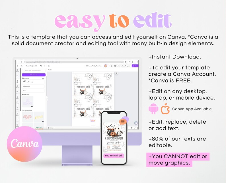 May include: A digital mockup showing how to edit a Halloween baby shower invitation template on Canva. The template features a black and white illustration of a witch and a spider web. The text on the invitation reads "A Baby is Brewing".