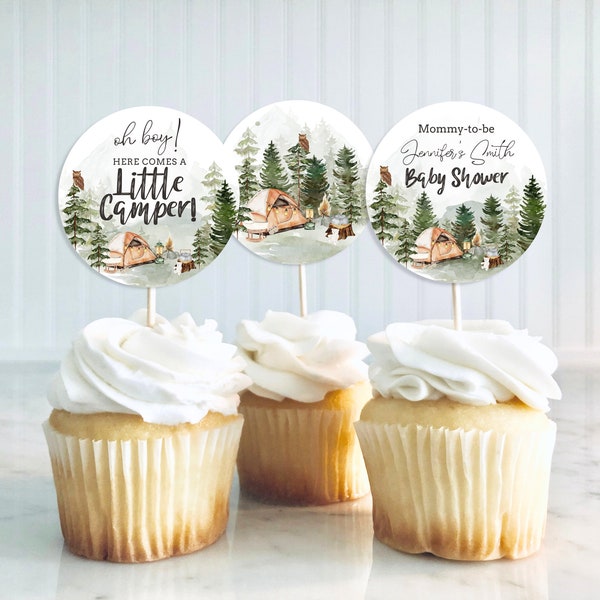 Editable Camp Baby Shower Cupcake Toppers, Coed Camping Baby Shower Cake Topper, Gender Neutral, Woodland Baby Shower