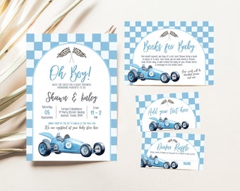 Bearbeitbares Rennwagen-Babyparty-Einladungspaket, Vintage-Rennwagen-Babyparty-Set, blaue Rennwagen-Dusche laden ein, Jungen-Babyparty, RCBS01