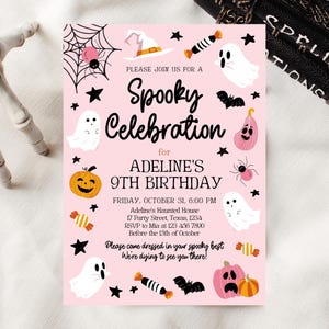 Editable Pink Halloween Birthday Invitation, Halloween Costume Party Invitation, Spooky Kids Invite, Pink Halloween Invitation Template