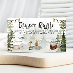 Modèle de tombola de couches pour baby shower en camping, billets de tombola de couches pour baby shower en camping, baby shower de camp, jeux pour baby shower de petit camping-car