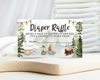 May include: A baby shower diaper raffle card with a camping theme. The card features illustrations of a campfire, trees, and a baby carriage. Text on the card reads "Diaper Raffle" and "Bring a pack of diapers of any size for a chance to win a prize!"