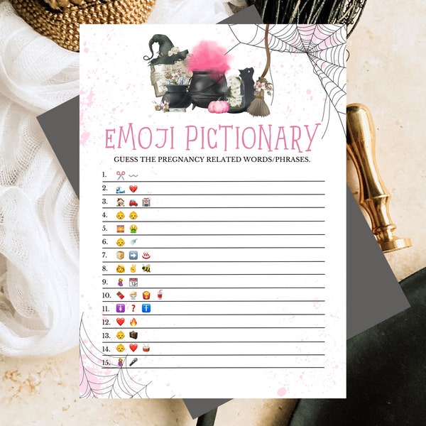 Pink Witch Baby Shower Emoji Pictionary Game, Printable Witch Baby Shower Game, Editable A Baby Girl Is Brewing Emoji Pictionary Game