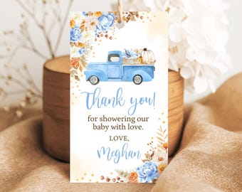 Editable Fall Baby Shower Favor Tag, Blue Pumpkin Truck Baby Shower, Boy Fall Baby Shower, Autumn Baby Shower, Pumpkin Baby Shower, FPBS09