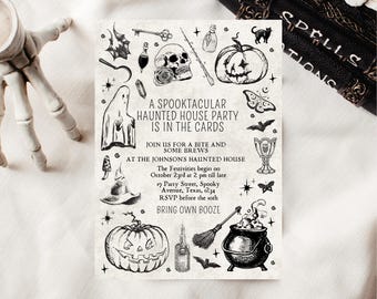 Edytowalne zaproszenie na Halloween w stylu vintage, zaproszenie na imprezę halloweenową z motywem nawiedzonego domu, drukowane zaproszenie na Halloween, impreza domowa z okazji Halloween
