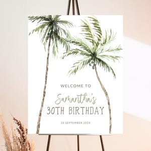 Modèle modifiable de panneau de bienvenue d'anniversaire de palmiers, affiche de fête de plage d'été avec des palmiers, aquarelle moderne, téléchargement immédiat imprimable AB11