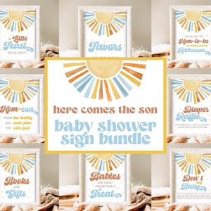 Bewerkbare Sunshine Baby Shower Sign-bundel, Here Comes the Son-babyshowerbordset, Boy Sonshine Shower-bundel, boho-babyshower HCTS01