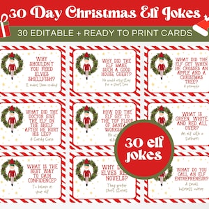 Blagues elfes de Noël modifiables de 30 jours, kit d'activités elfes, mini-cartes de correspondance elfes, idées de jeux elfes de Noël, blagues elfes à imprimer, CEC02
