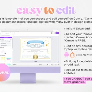 Puede incluir: Una pantalla de ordenador que muestra una plantilla de dise&ntilde;o de Canva para un certificado de la hada de los dientes. El certificado est&aacute; decorado con estrellas, una varita m&aacute;gica y un sello dorado. El texto del certificado dice "Certificado especial del hada de los dientes". La pantalla est&aacute; rodeada de un marco morado y el logotipo de Canva es visible en la esquina inferior izquierda.