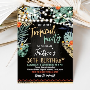 Faire-part d'anniversaire tropical adulte modifiable, Invitation fête tropicale La Havane Hawaï, modèle imprimable