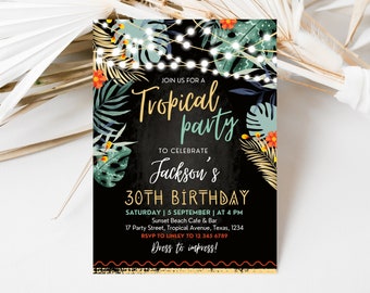 Editable Adult Tropical Birthday Invitation,  Tropical Party Havana Hawaii Invitation, Printable Template