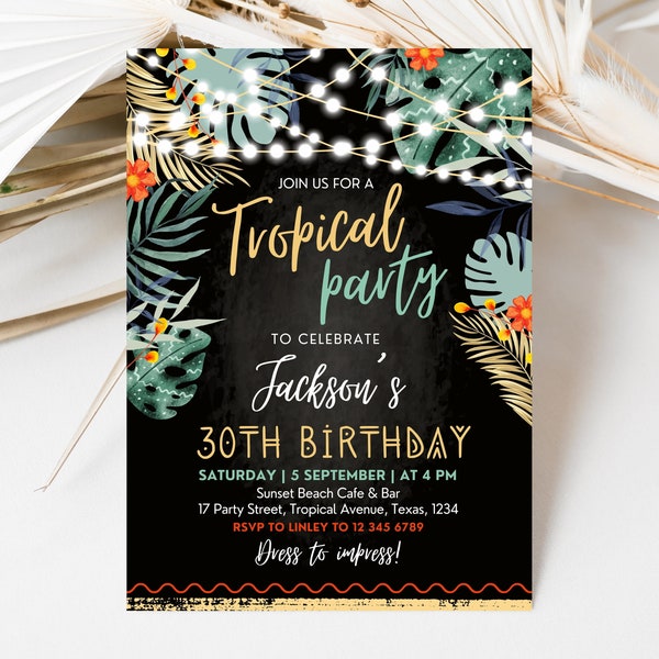 Faire-part d'anniversaire tropical adulte modifiable, Invitation fête tropicale La Havane Hawaï, modèle imprimable