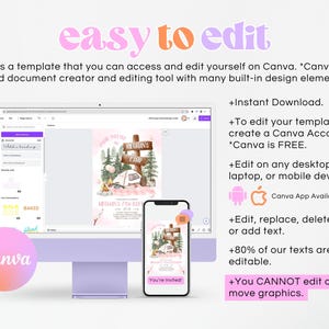 May include: A pink and green digital invitation template for a birthday party with the text "You're Invited to Meghan's Camp" and a cartoon illustration of a camper van in a forest setting. The template is designed to be edited on Canva.