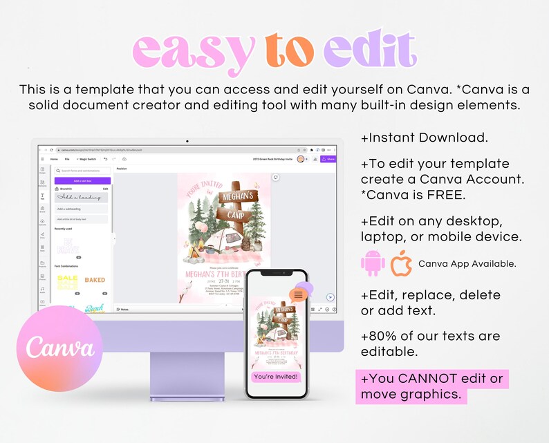 May include: A pink and green digital invitation template for a birthday party with the text "You're Invited to Meghan's Camp" and a cartoon illustration of a camper van in a forest setting. The template is designed to be edited on Canva.
