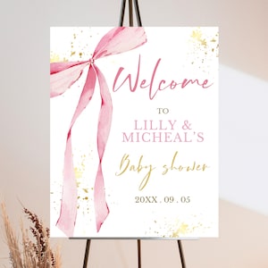 Editable Pink Bow Baby Shower Welcome Sign, Minimalist Baby Shower Pink Watercolor, Pink Ribbon Sign, Blush Pink And Gold Baby Shower Sign